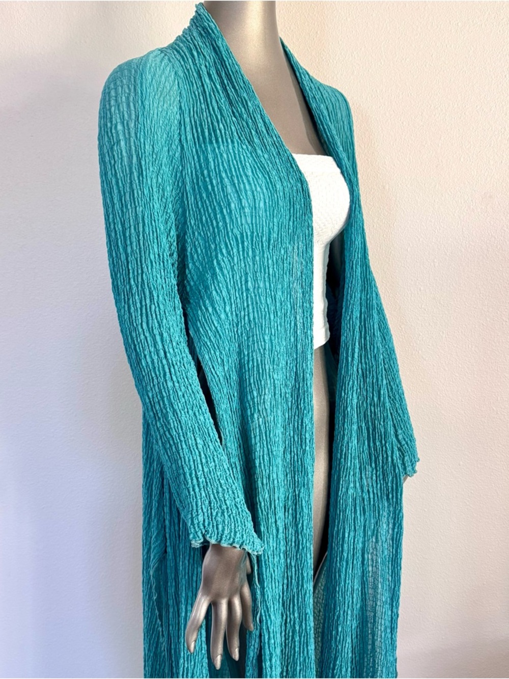 URU Dream Coat 100% Silk Crinkle Duster Cardigan Turquoise Size 2 NWT - Picture 7 of 12